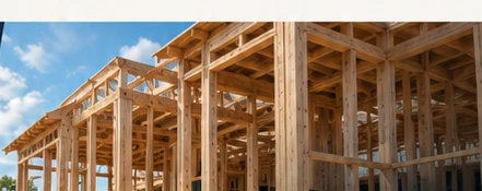 The wood framing of a new house under construction on a clear day.