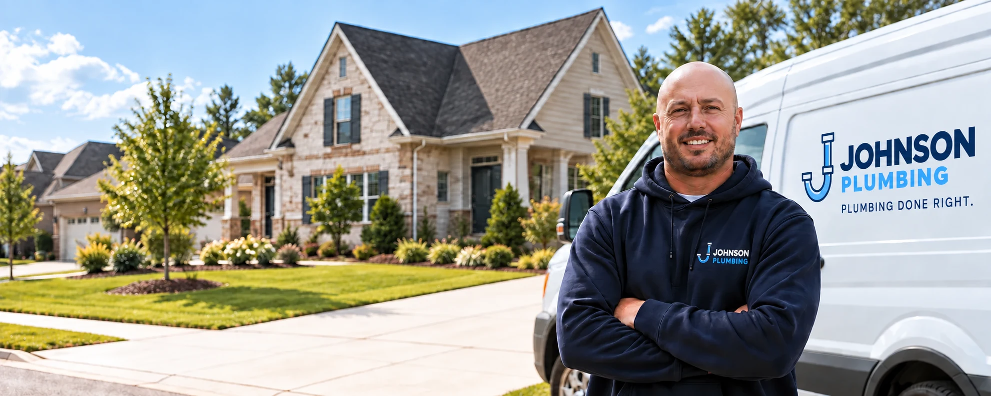 A plumber in Johnson Plumbing gear standing with arms crossed in front of a marked company van, outside a stone-fronted home.