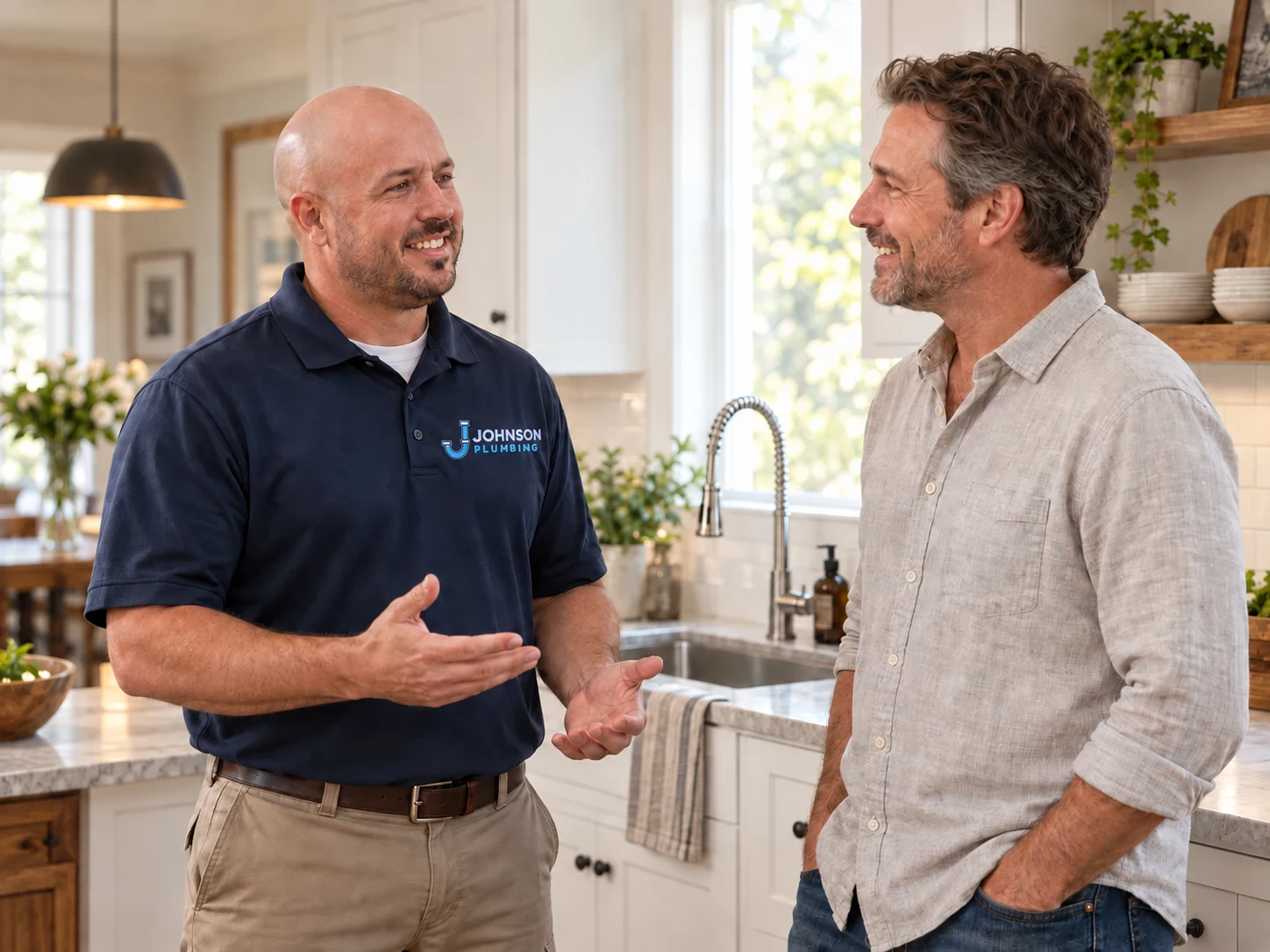 Illustration of Ryan Johnson talking with a happy homeowner in a kitchen.